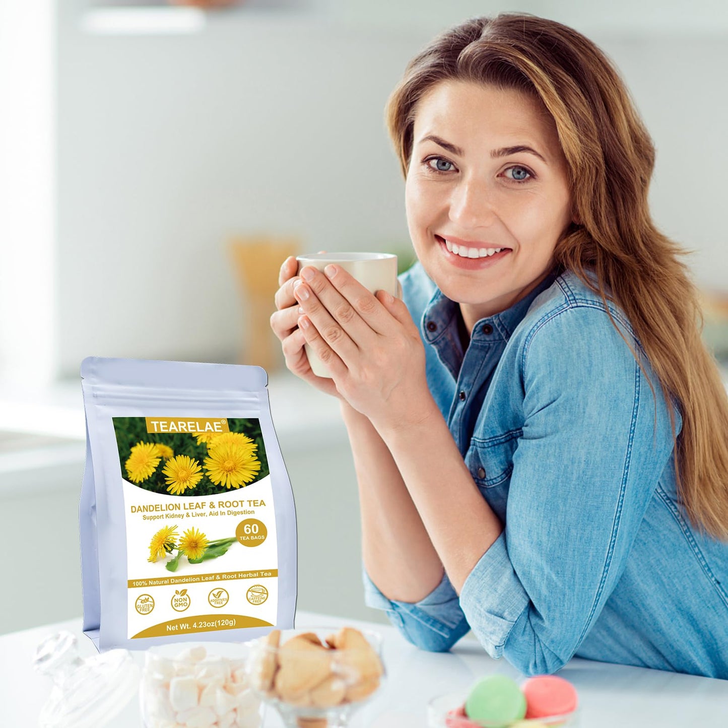 TEARELAE Dandelion Leaf & Root Tea Bags - 60 Count - Non-GMO, Caffeine-Free