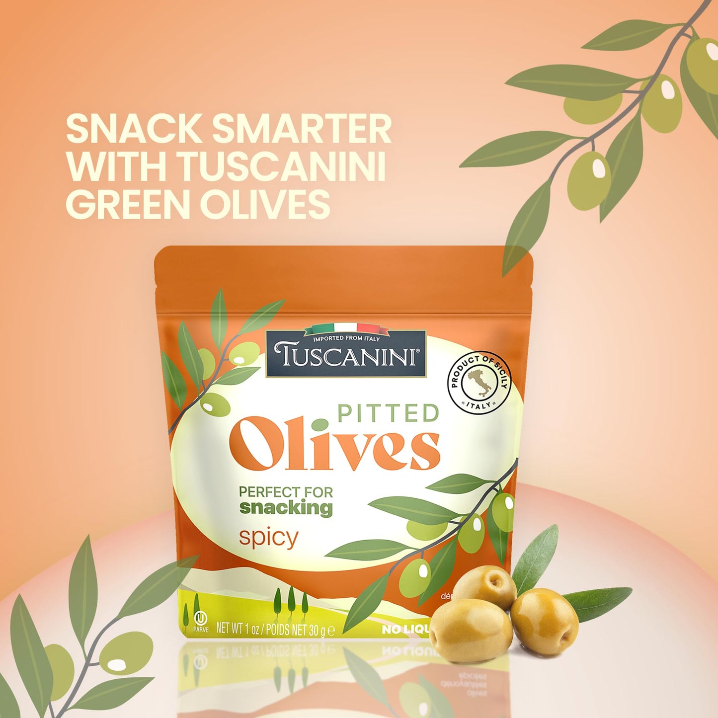 Tuscanini Italian Spicy Pitted Snack Olives, 1 Oz (10 Pack) | Convenient Olive Pouches For Snacking | Salad Topper | Gluten Free