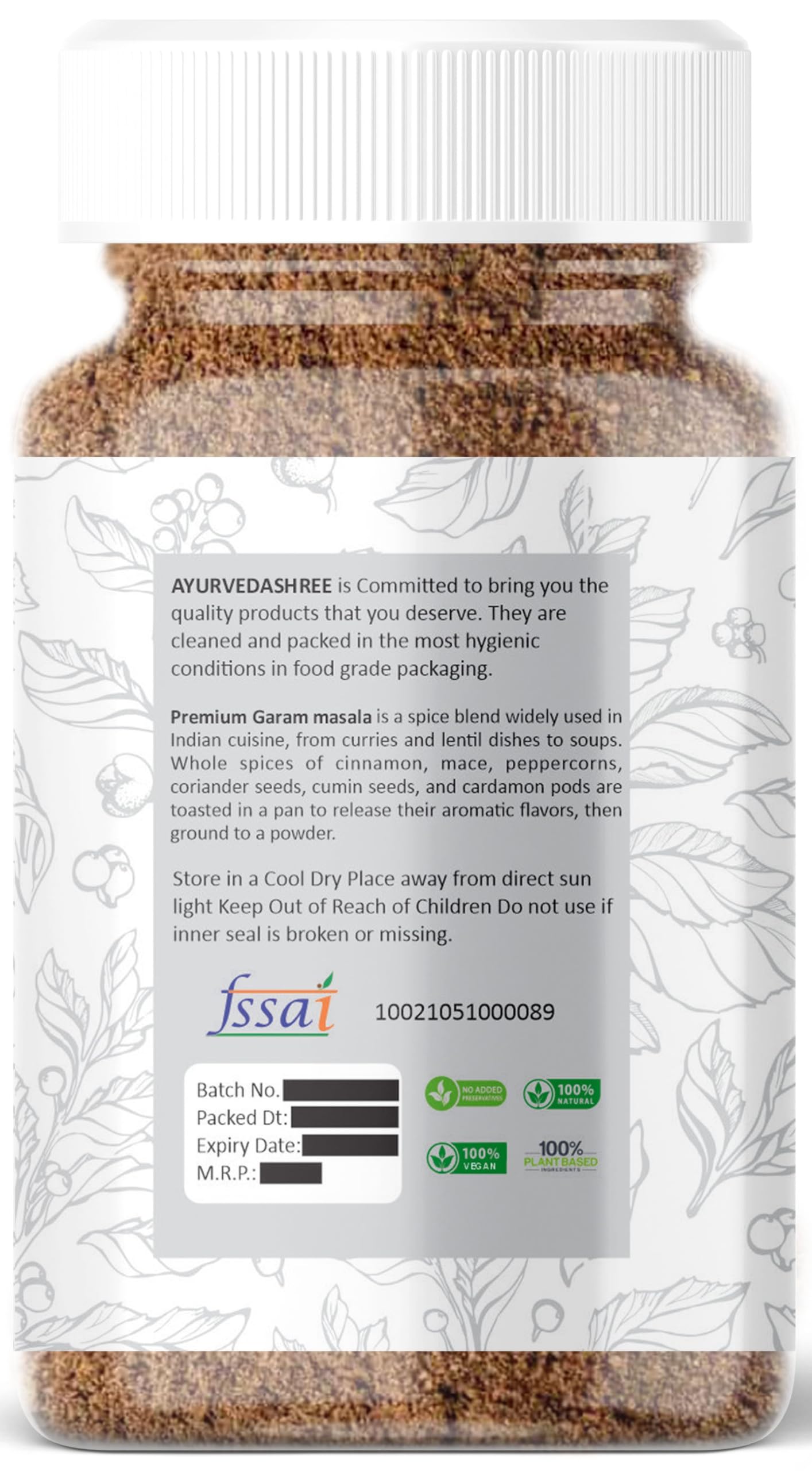 AYURVEDASHREE Premium Garam Masala, All Natural, Salt-Free, Vegan, 100gm PET Jar, Blend of 20 Herbs & Spices