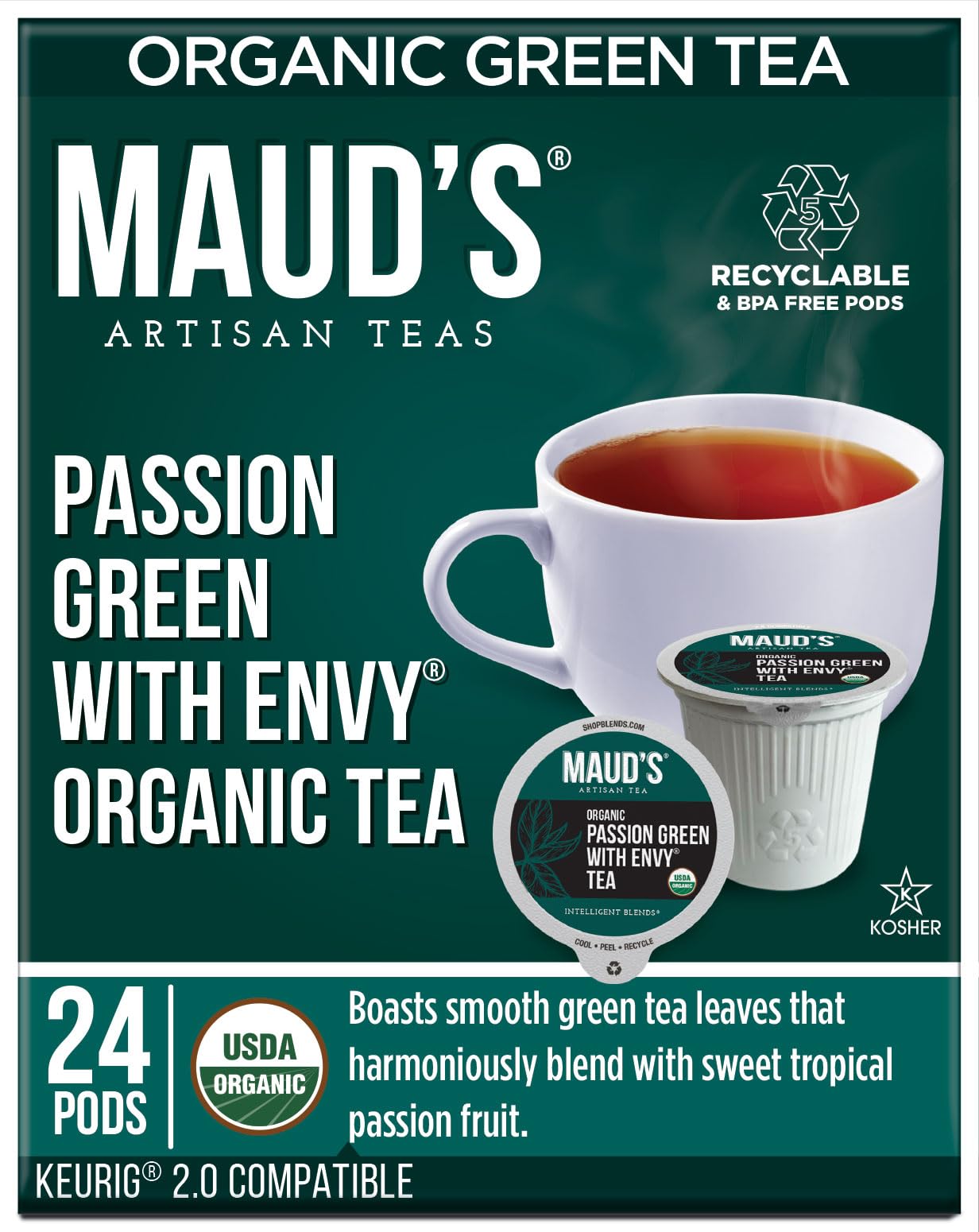 Maud'S Organic Green Tea Passion (Passion Green With Envy Tea), 24Ct. Solar Energy Produced Recyclable Single Serve Organic Gree
