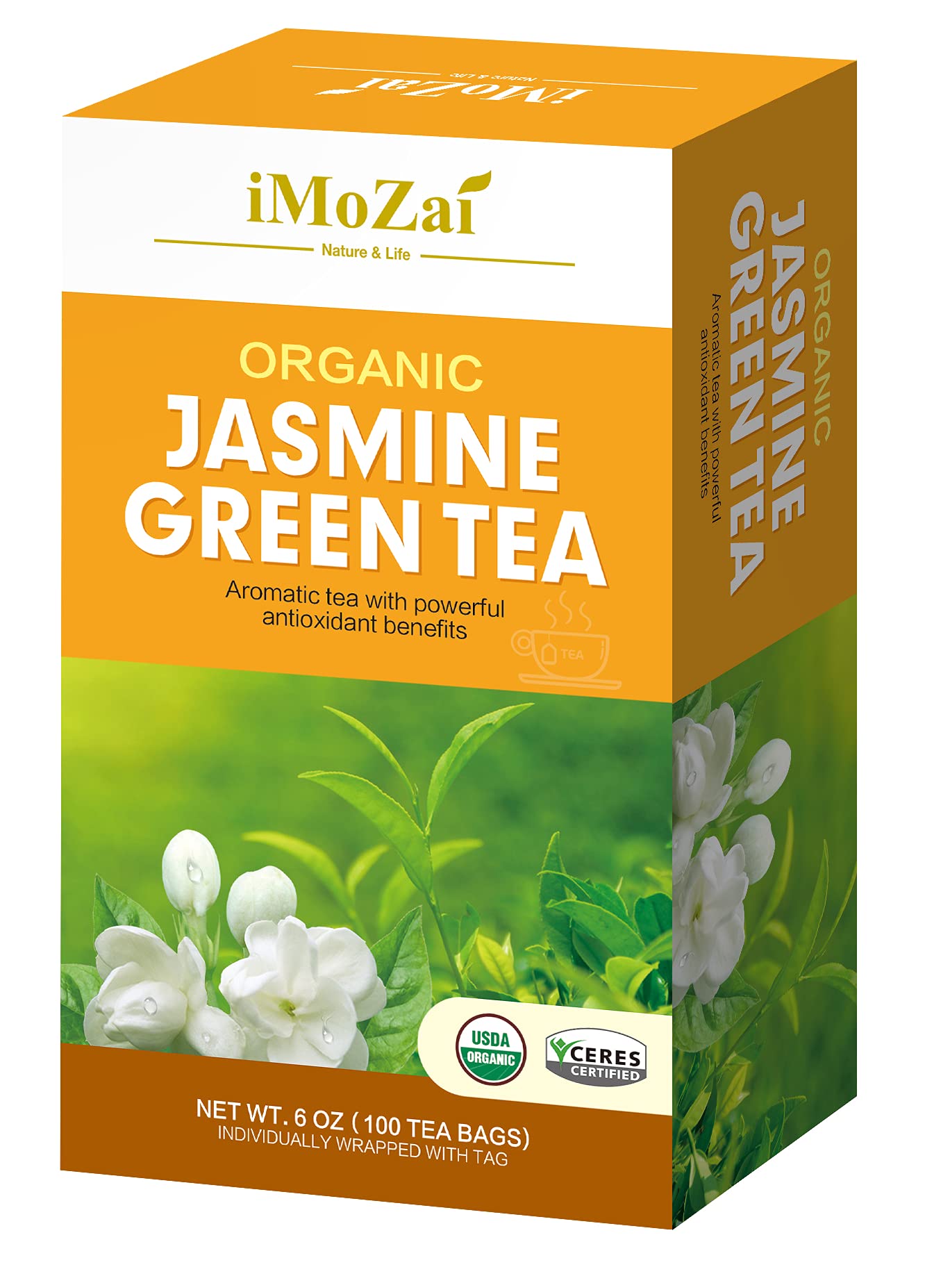 iMoZai Organic Jasmine Green Tea Bags - Lower Caffeine, Floral Aroma - 100 Count Individually Wrapped