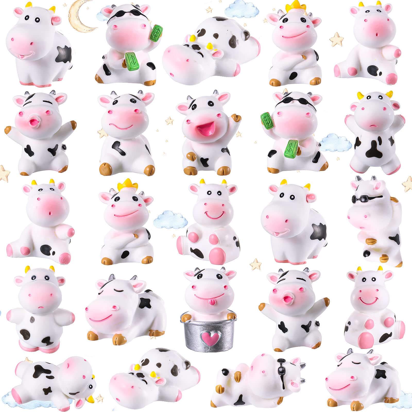 Blulu 28 Pieces Mini Cute Cow Animals Miniature Figurines Toys Cow Cake Toppers Resin Garden Miniature Moss Landscape Diy Terrar