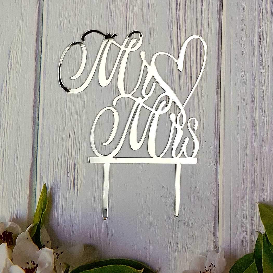 Mr And Mrs Cake Topper, Bride And Groom Sign Wedding, Engagement Cake Toppers Decorations (Mirror Silvery Acrylic)