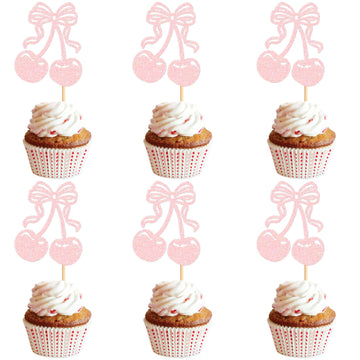 24 Pcs Cherry Cupcake Toppers Fruit Theme Summer Cherry Cupcake Picks for Kid Baby Shower Party Decorations Boy Girl Birthday Ca