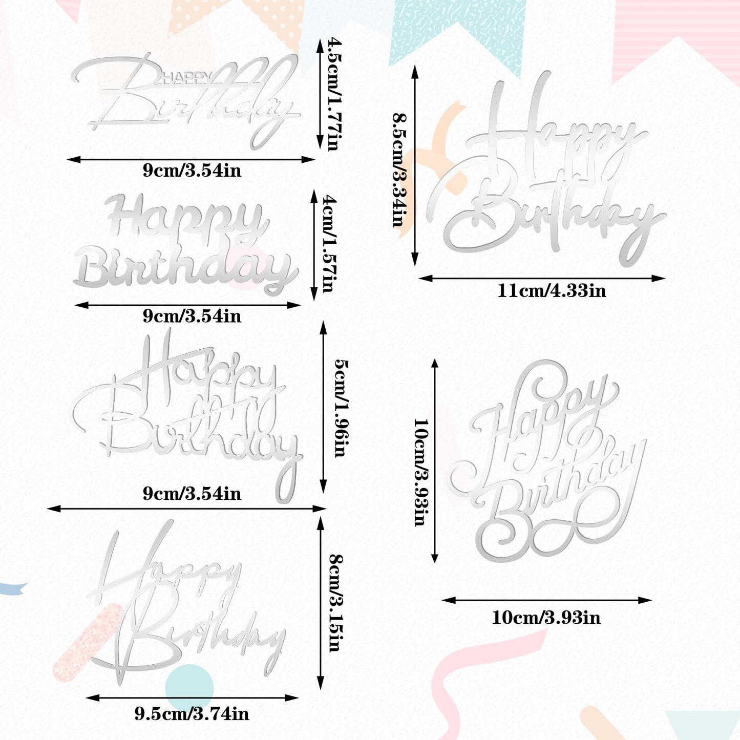 Lusofie 6 PCS Happy Birthday Cake Toppers, Silver Acrylic Glitter, Suitable for Cakes Above 4 Inches