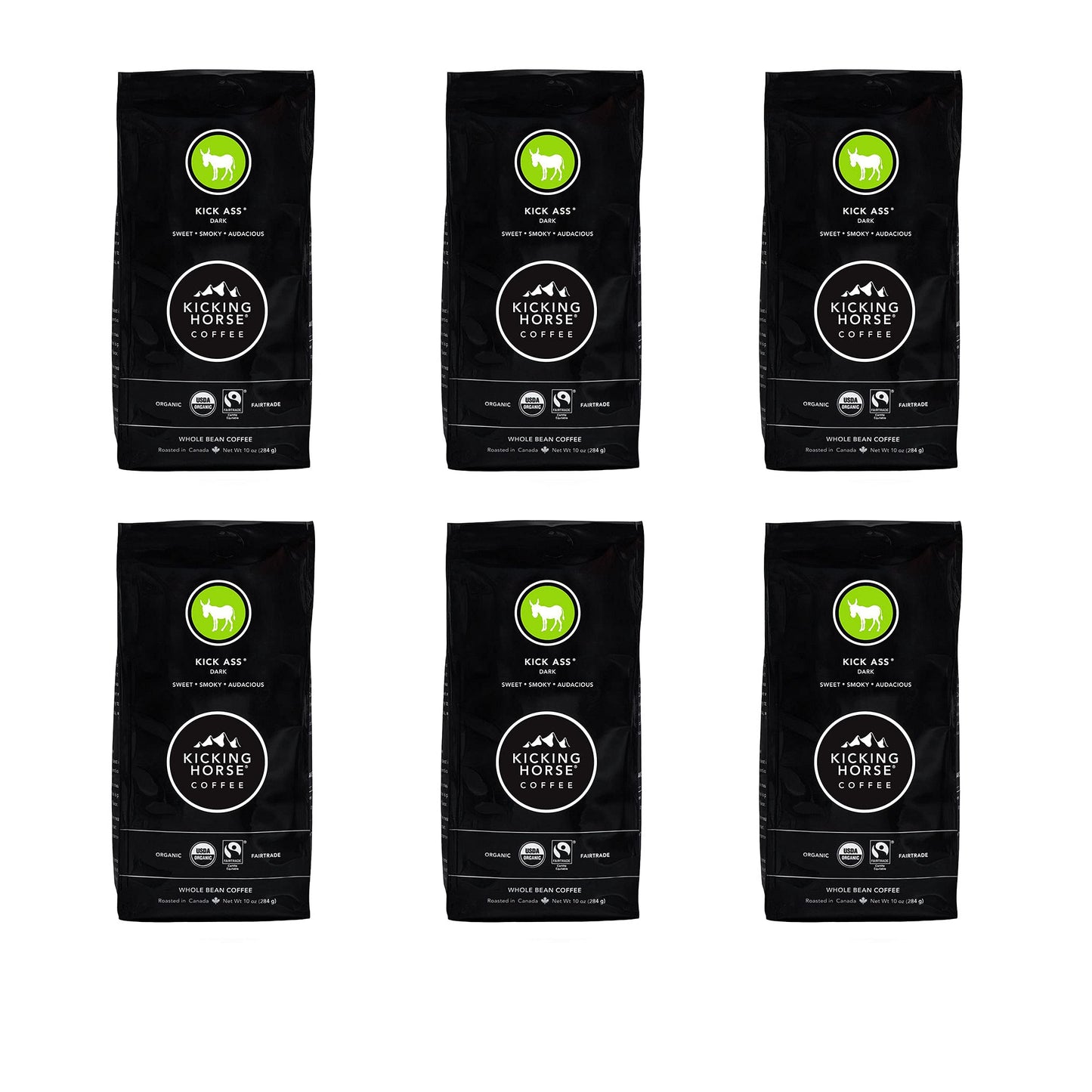 Kicking Horse Coffee, Kick Ass, Dark Roast, Whole Bean, 10 oz - Certified Organic, Fairtrade, Kosher Coffee (Pack of 6),10 Ounce