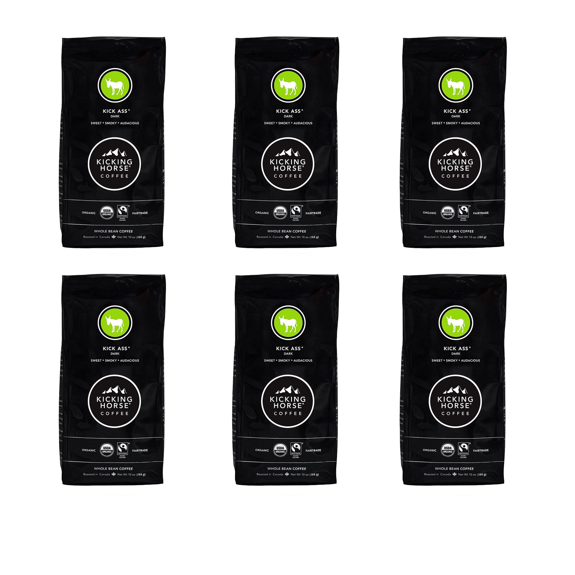 Kicking Horse Coffee, Kick Ass, Dark Roast, Whole Bean, 10 oz - Certified Organic, Fairtrade, Kosher Coffee (Pack of 6),10 Ounce