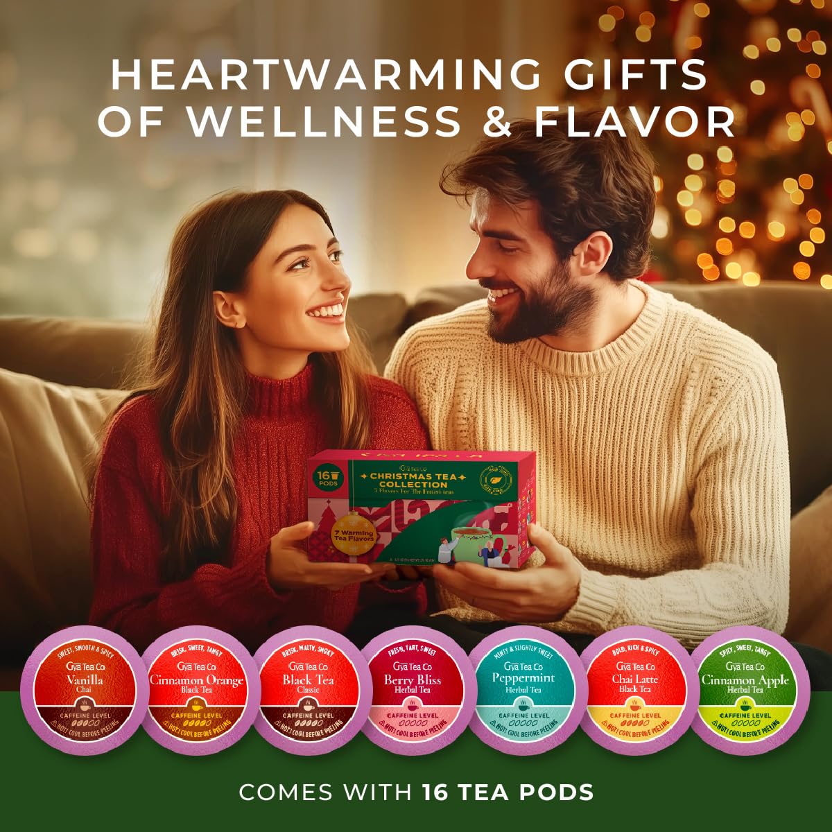 Gya Tea Co Variety Tea Pack Gift Set - 7 Flavors, 16 K Cups for Keurig - Assorted Winter Tea Pods