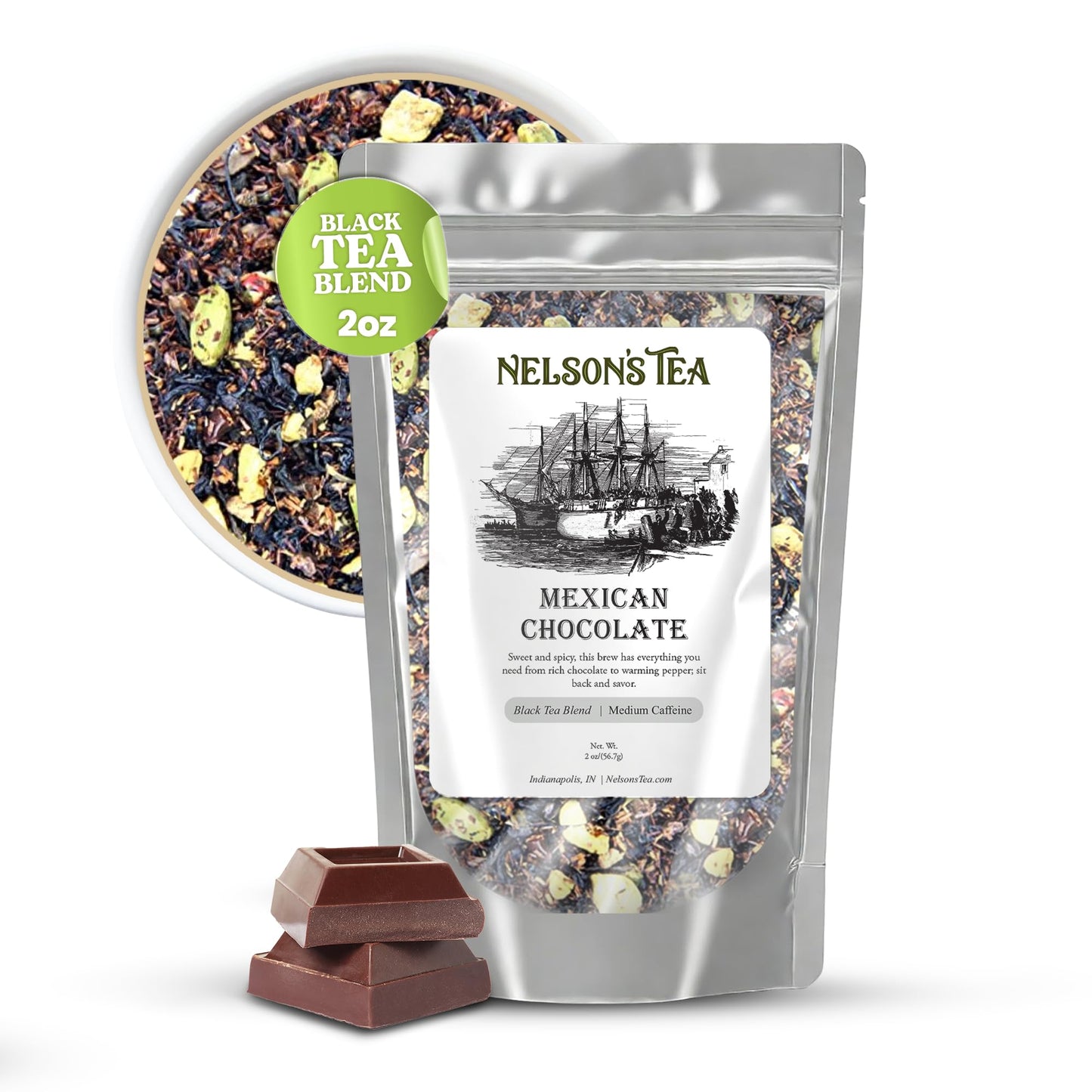 Nelsons Tea Mexican Chocolate Loose Leaf Tea Blend with Rooibos, Black Tea, Carob, Ginger, 2 Oz
