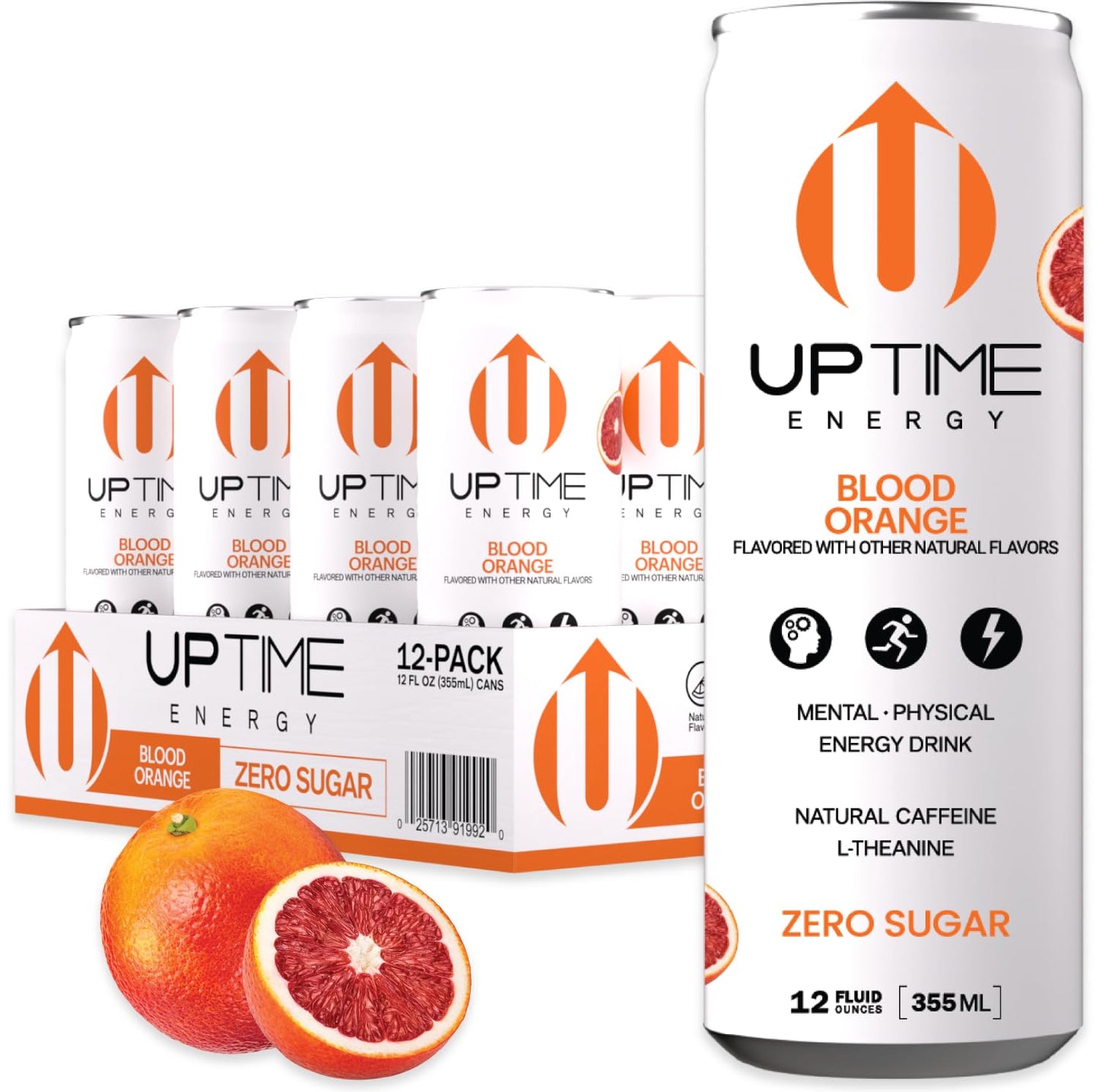 UPTIME Premium Energy Drink, Blood Orange, Zero Sugar, 12oz Bottles, 12 Pack, Natural Caffeine, Sparkling