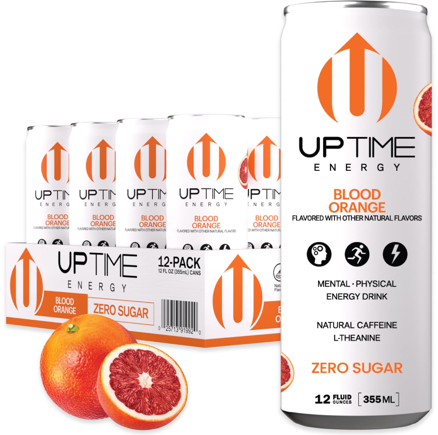 UPTIME Premium Energy Drink, Blood Orange, Zero Sugar, 12oz Bottles, 12 Pack, Natural Caffeine, Sparkling