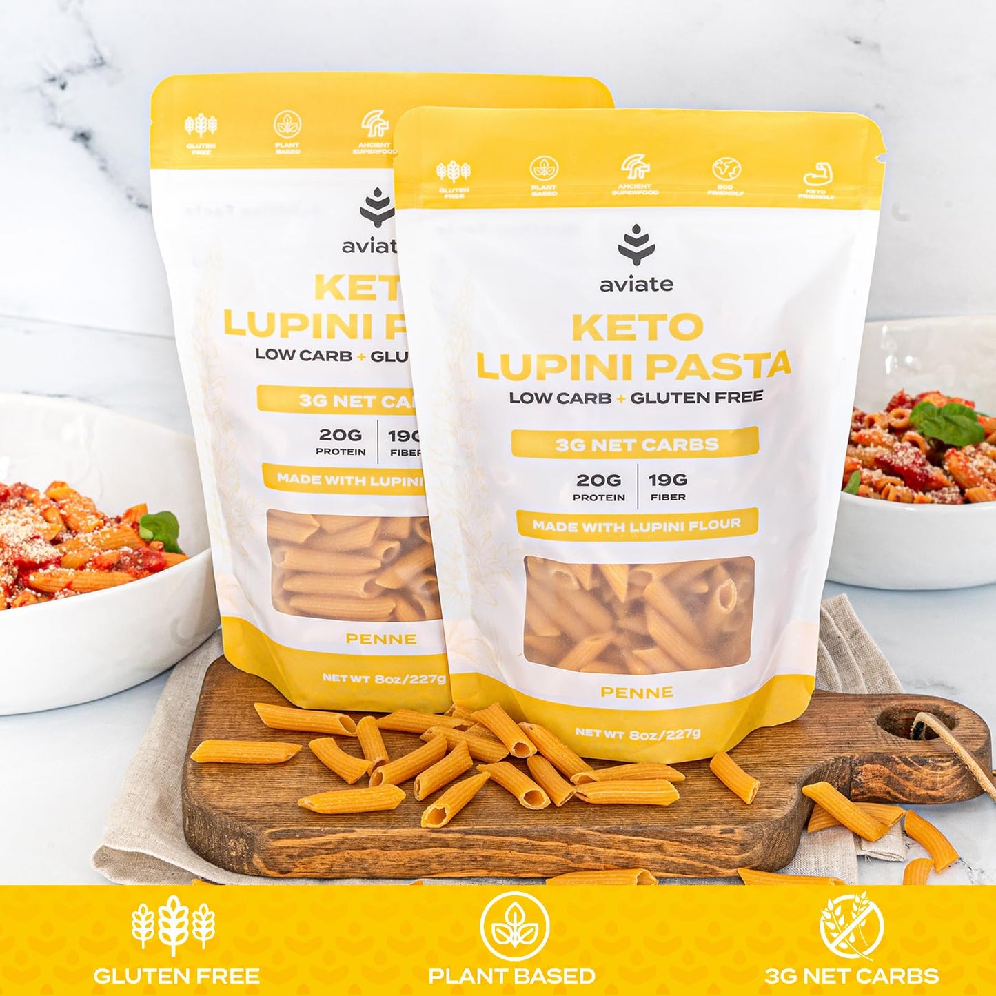 Aviate Keto Pasta Penne - Low Carb (3G Net) Lupini Penne Pasta - High Protein (20G) - Gluten-Free - Made With Lupin Flour [Plant
