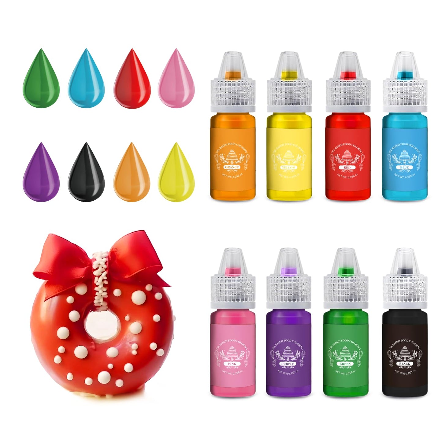 PAVADOR Oil Based Food Coloring Set, 8 Colors, Food Grade Edible Dye, 0.25 Fl Oz per Bottle, Gluten Free, Flavorless