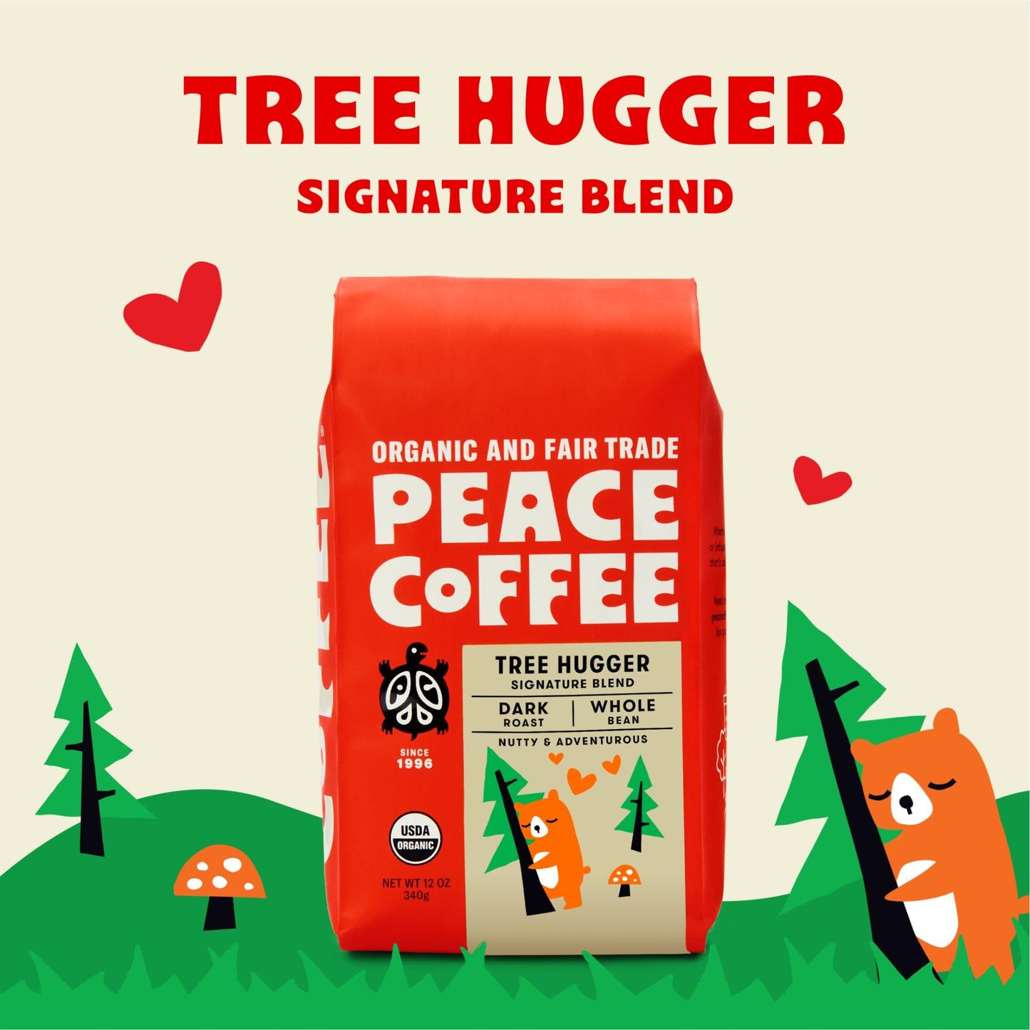 Peace Coffee Tree Hugger Signature Blend | 20 Oz Ground Dark Roast | Organic Fair Trade | Soft, Smooth Flavor | Shade Grown, Fresh Roasted