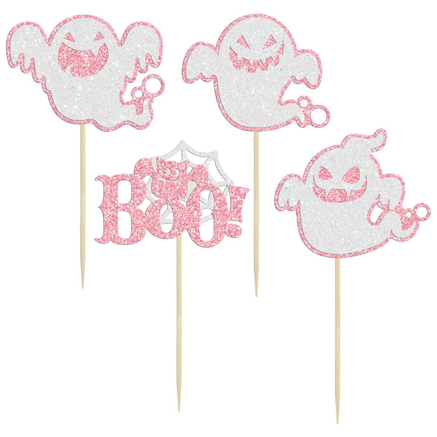 24Pcs Halloween Ghost Cupcake Toppers Pink Glitter Halloween Boo Cake Decorations Halloween Baby Shower Cake Picks For Halloween