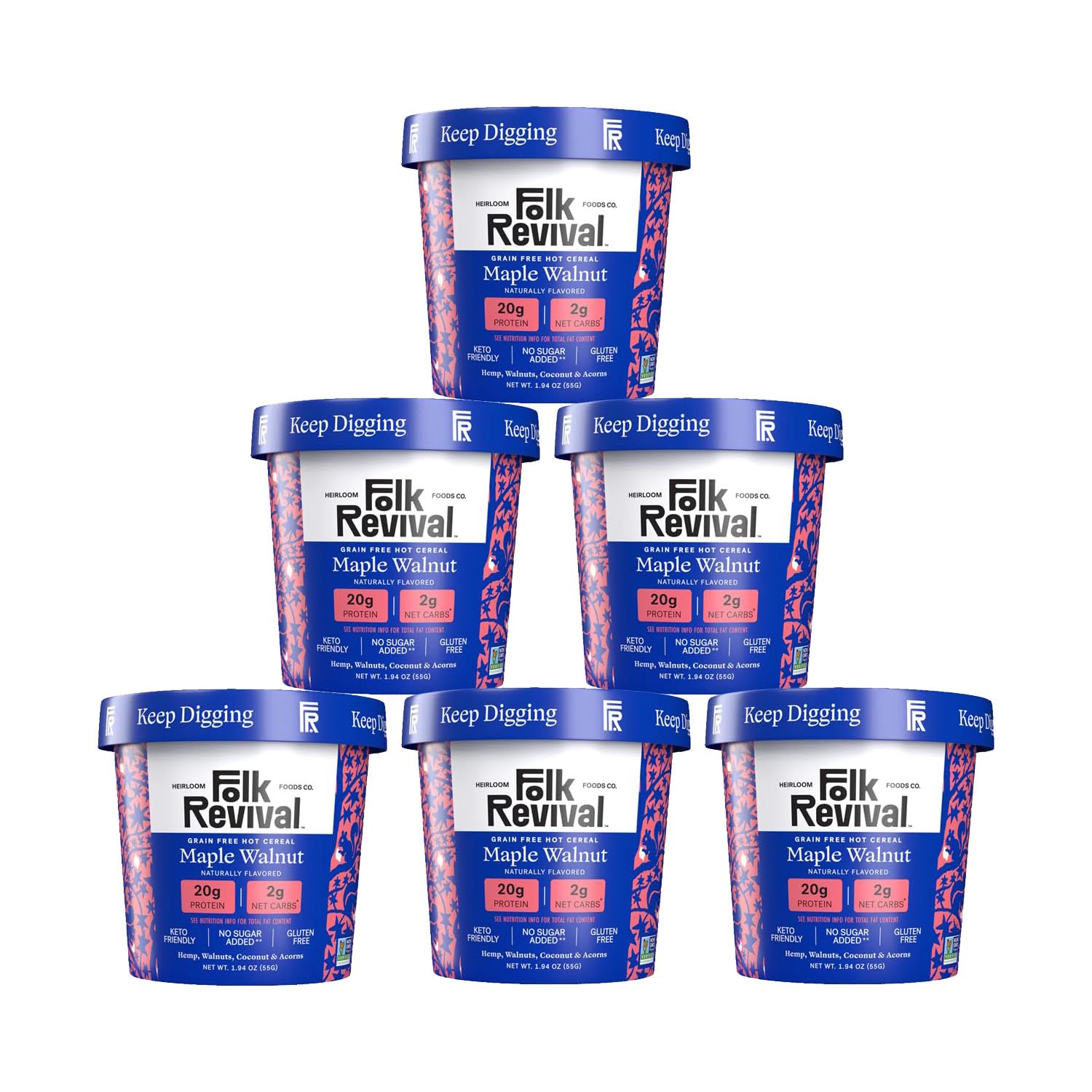 Folk Revival Hot Cereal - 20G Protein, Net Carbs, High Fiber Instant Meal With Acorns - Non Gmo, Gluten Free, Keto Friendly (6 C
