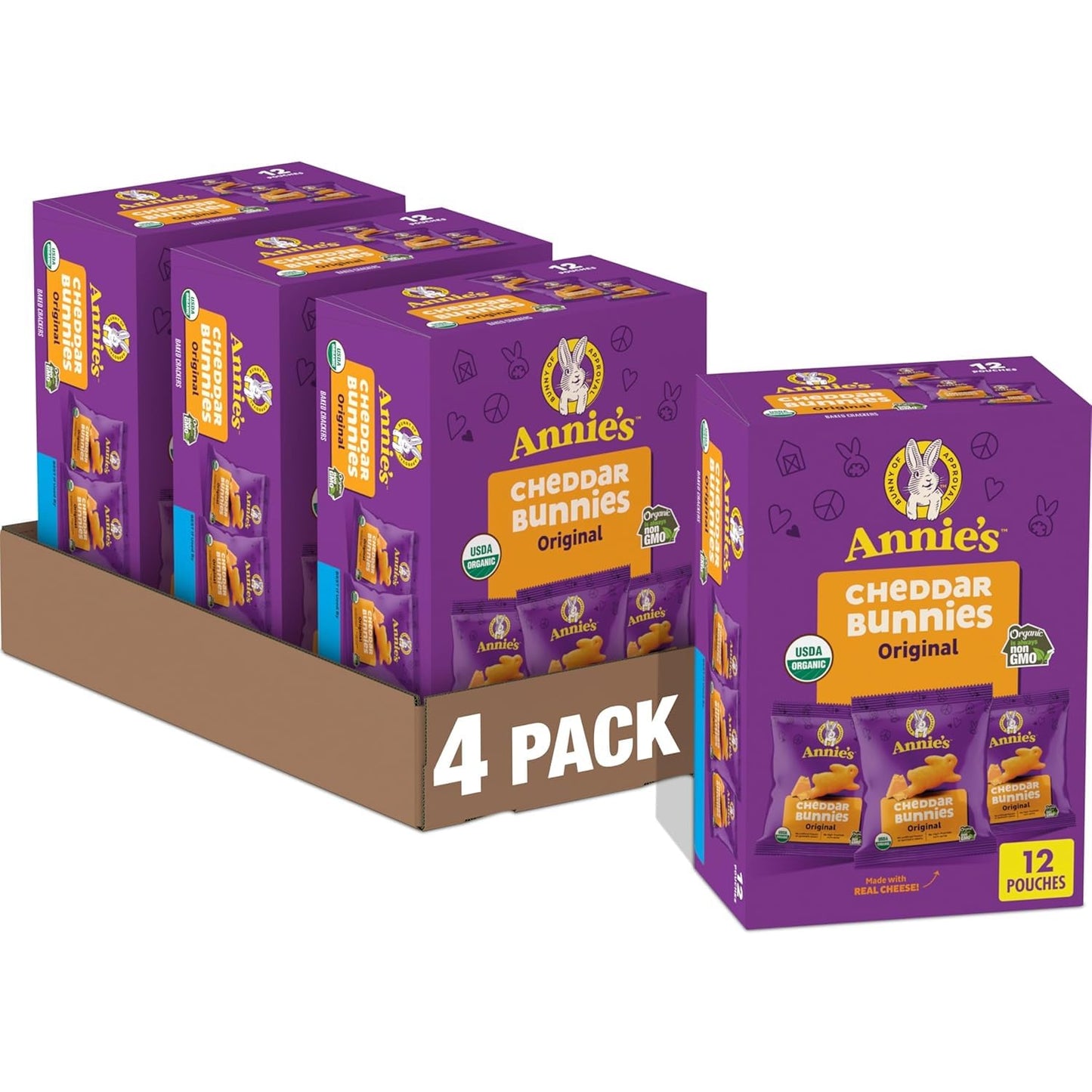 Annie s Organic Cheddar Bunnies Baked Snack Crackers, 12 oz., 12 Pouches (Pack of 4)