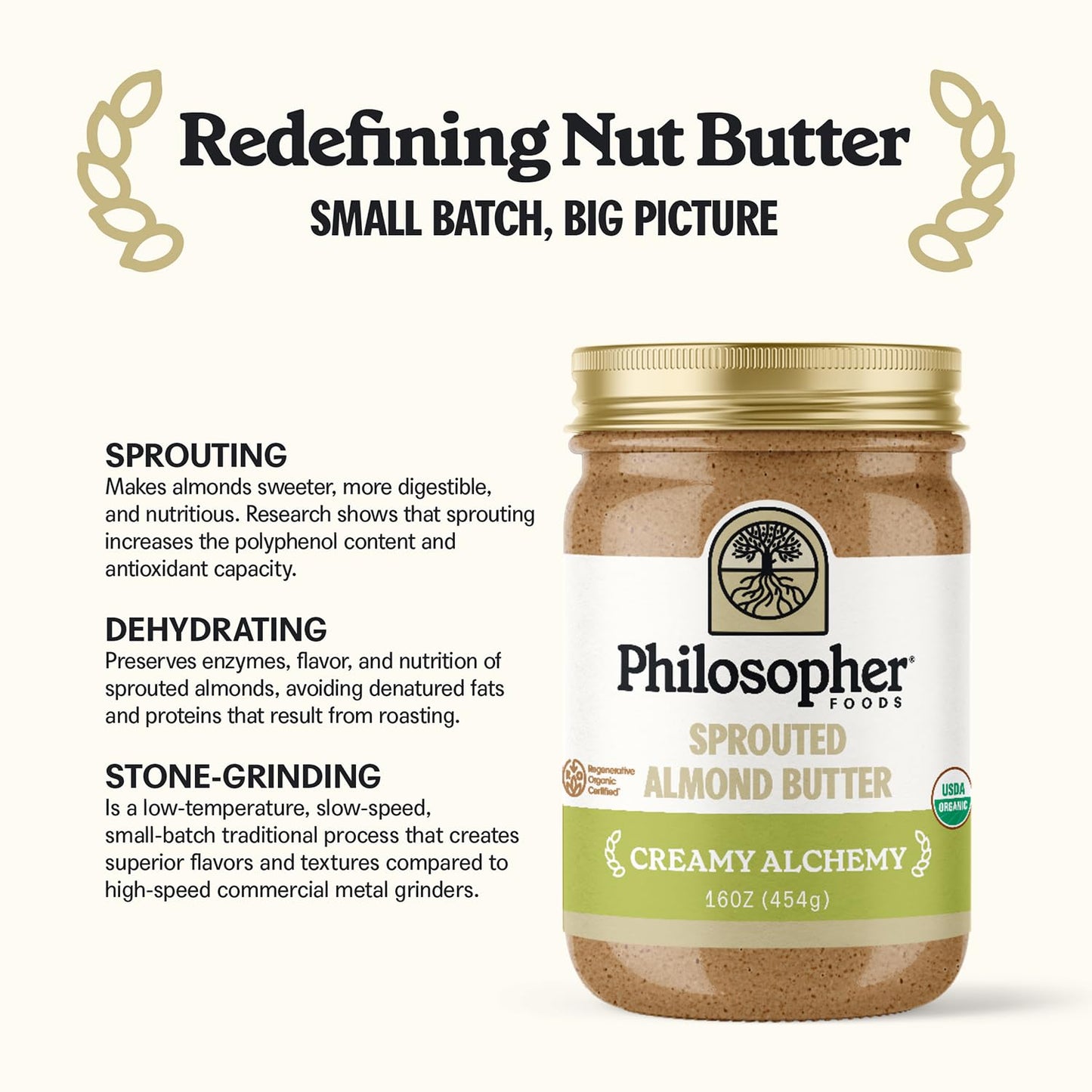 Philosopher Foods Creamy Alchemy Sprouted Almond Nut Butter, 16 Oz. - Silky Smooth Pourable Organic Butter, Natural Sweetness, S