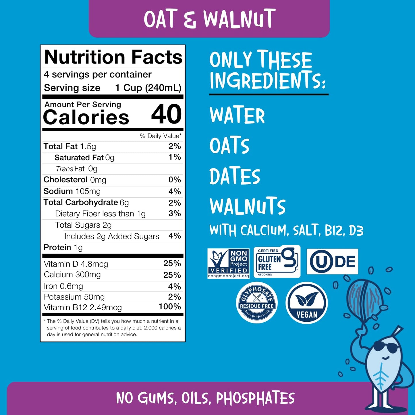 PLANTSTRONG Oat & Walnut Milk 32oz - NON-GMO - Plant Based, Vegan - Gluten Free Dairy Free - Shelf Stable - Lactose Free Milk -