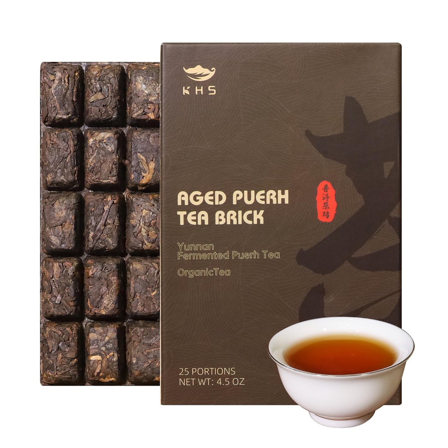 KHS Organic Ripe Pu Erh Tea Brick, 4.5 Oz USDA Certified Organic Puerh Tea Cake, No Dust Production Workshop, Aged Fermented Pu 