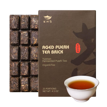KHS Organic Ripe Pu Erh Tea Brick, 4.5 Oz USDA Certified Organic Puerh Tea Cake, No Dust Production Workshop, Aged Fermented Pu 