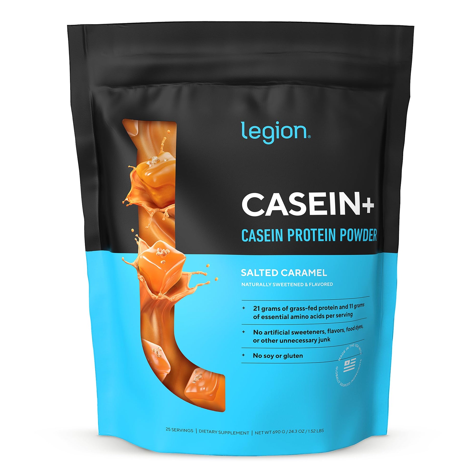 LEGION Casein+ Casein Protein Powder (Salted Caramel) - Slow-Release Micellar Casein Protein Powder - Non-GMO  Gluten-Free & Naturally Sweetened Casein Powder from Grass-Fed Cows
