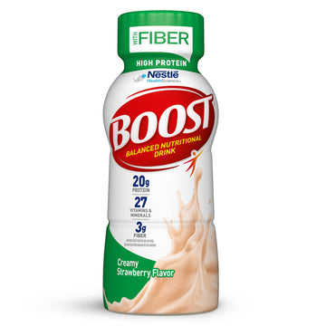 BOOST High Protein Nutritional Drink, Creamy Strawberry, 8 fl oz Bottle, Pack of 24, Fiber Enriched