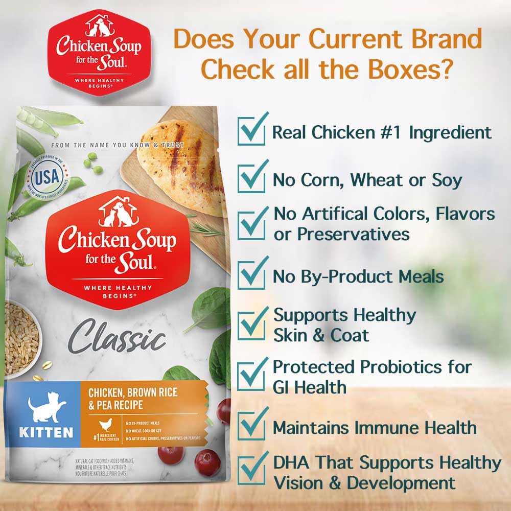 Chicken Soup For The Soul All Natural Enhanced Dry Kitten Food, Real Meat First Ingredient, No By-Products, Supports Brain & Vision Development, Chicken, Brown Rice & Pea, 12Lb