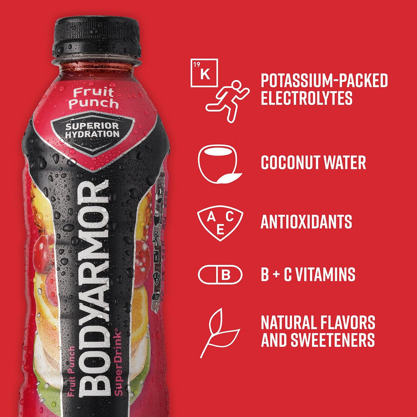 Bodyarmor Sports Drink Sports Beverage, Fruit Punch, Natural Flavors With Vitamins, Potassium-Packed Electrolytes, Perfect For Athletes, 12 Fl Oz (Pack Of 24)