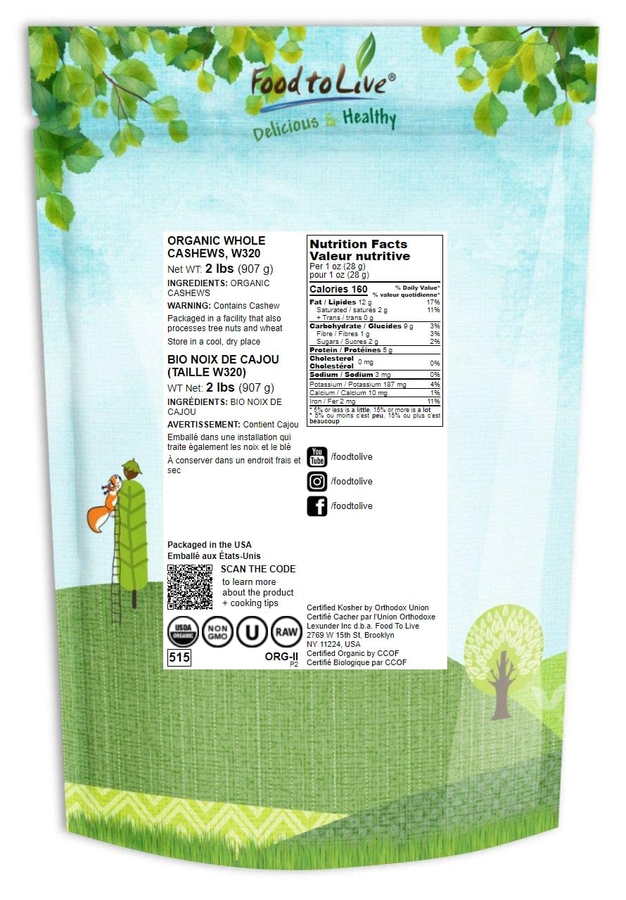Food To Live Organic Raw Cashews, 2 Pounds Non-Gmo, Whole, Large, Premium Fancy Nuts, Unsalted, Unroasted, Kosher, Vegan, Bulk, Low Sodium. Good Source Of Protein, Copper, Zinc, Selenium, Thiamin