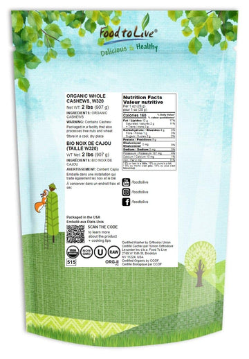 Food To Live Organic Raw Cashews, 2 Pounds Non-Gmo, Whole, Large, Premium Fancy Nuts, Unsalted, Unroasted, Kosher, Vegan, Bulk, Low Sodium. Good Source Of Protein, Copper, Zinc, Selenium, Thiamin