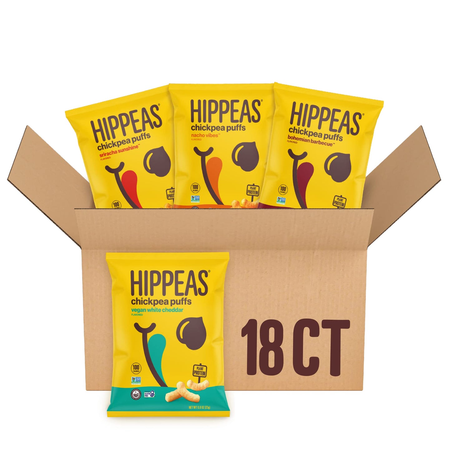 Hippeas Chickpea Puffs, Variety Pack: Vegan White Cheddar, Nacho Vibes, Barbecue, Sriracha, 0.8 Ounce (Pack Of 18), 3G Protein,