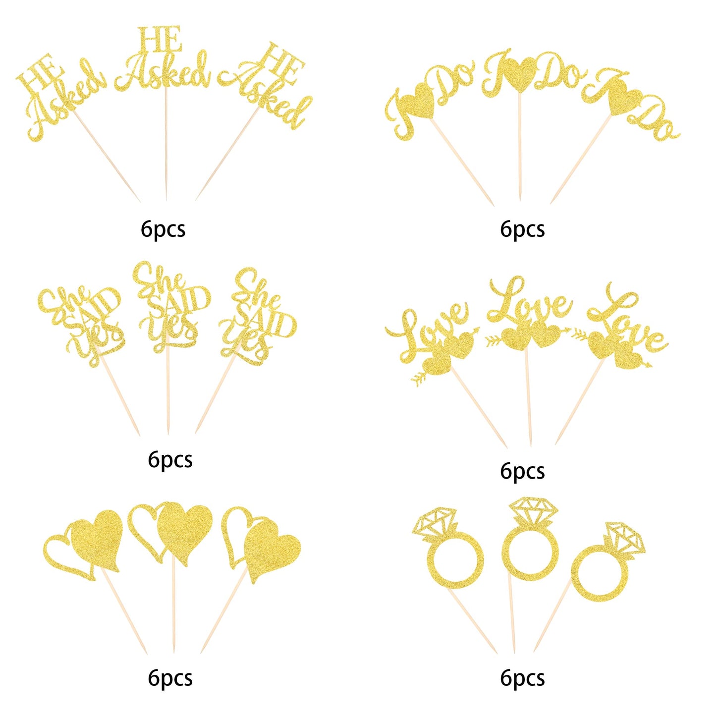 YCTHUNFISH Cupcake Toppers, 36 Pack Gold Glitter Heart and Ring Picks, Bamboo, Small for Wedding Engagement Bridal Shower Decor
