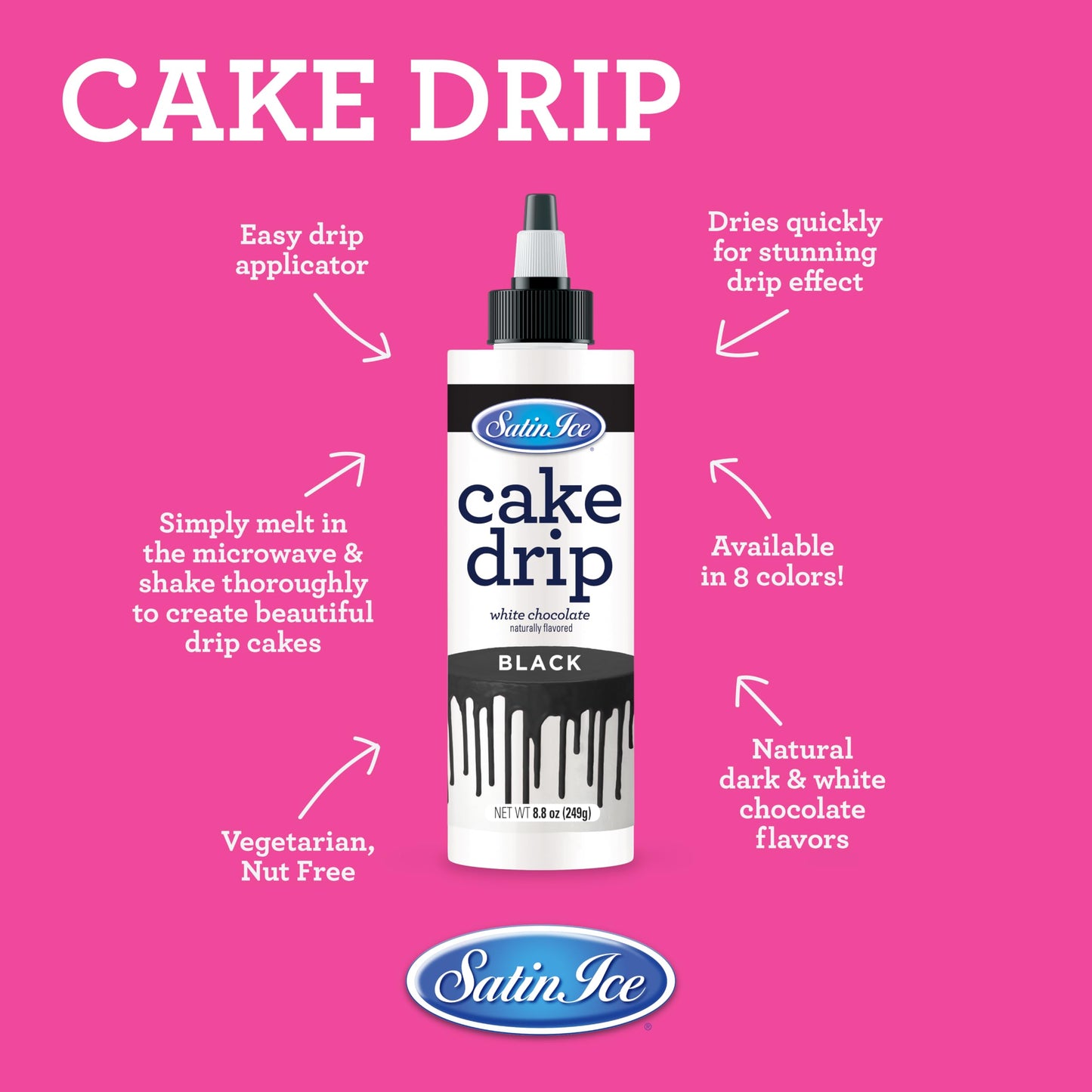 Satin Ice Cake Drip, Black, 8.8 Ounce, Ideal for Drizzling and Decorating Cakes