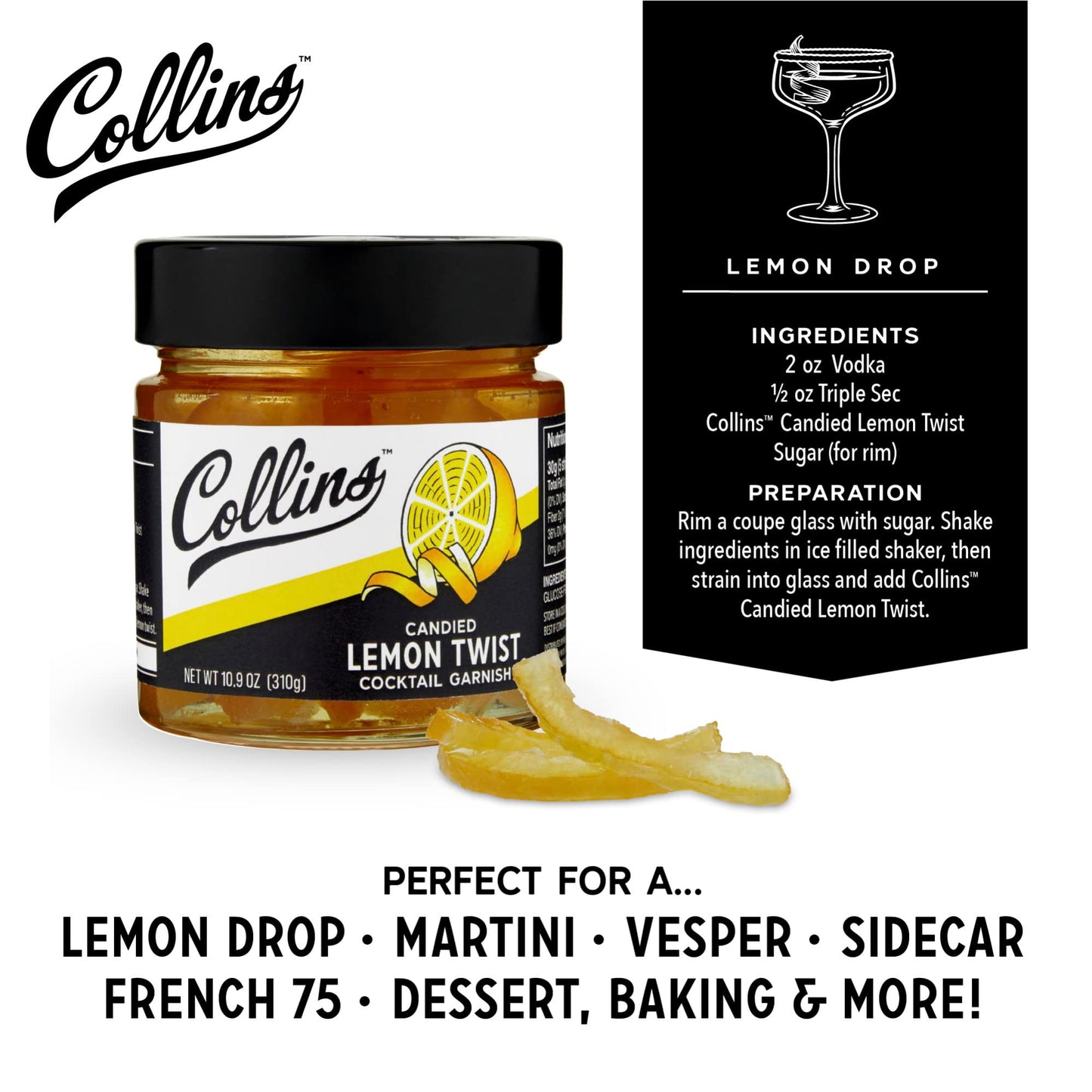 Collins Lemon Twist in Syrup, Cocktail Garnish, 10.9 oz, Yellow, Model 11226