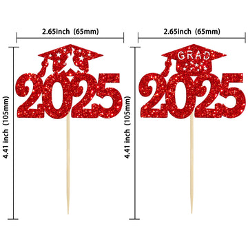 Gyufise 24Pcs Graduation Cupcake Toppers 2025 Red Glitter Class Of 2025 Graduation Cupcake Topper Decorations Diploma Grad Cap C