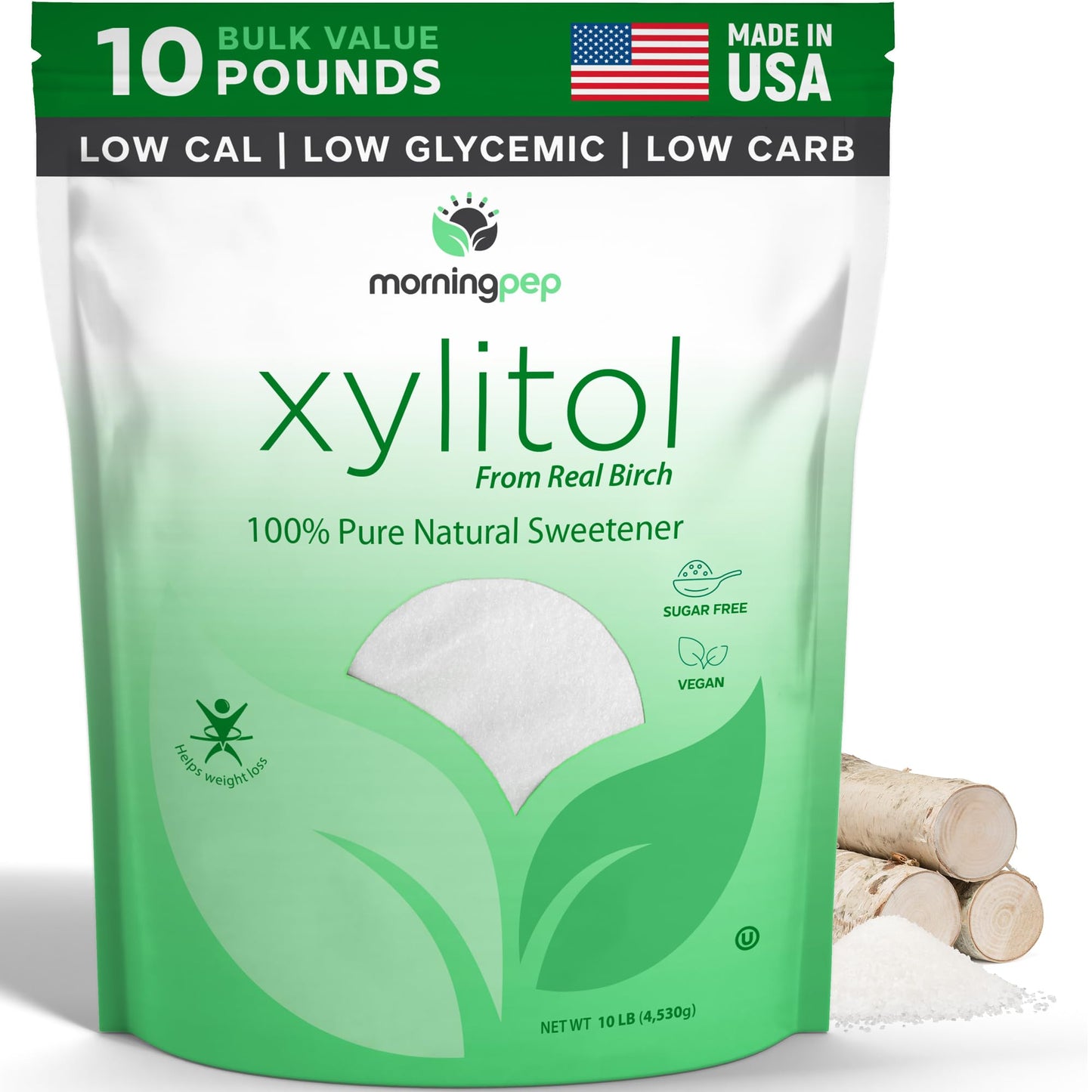 Morning Pep Pure Birch Xylitol (Keto Diet Friendly) Sweetener with no Aftertaste Bulk Size 10 LBs (Not from Corn) Non GMO Kosher