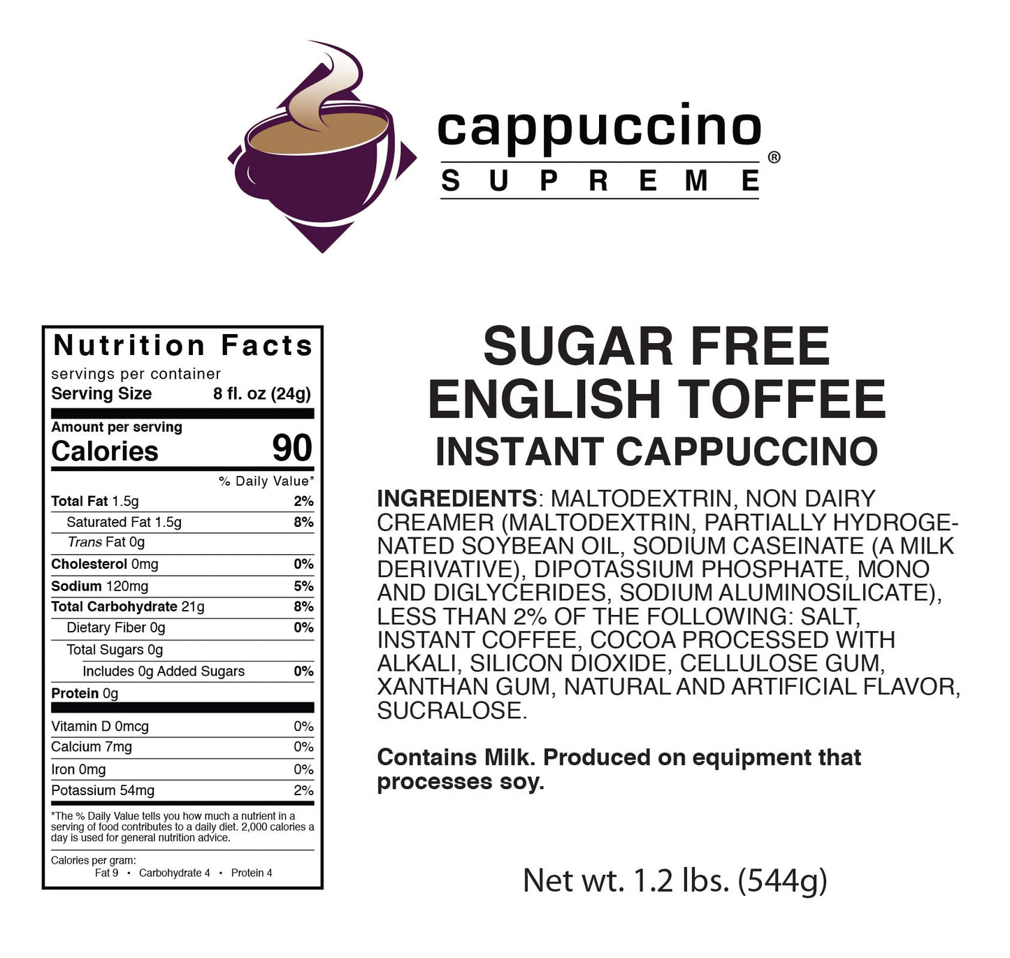 Cappuccino Supreme 1.2 Lb Bag Sugar Free English Toffee Instant Cappuccino Mix