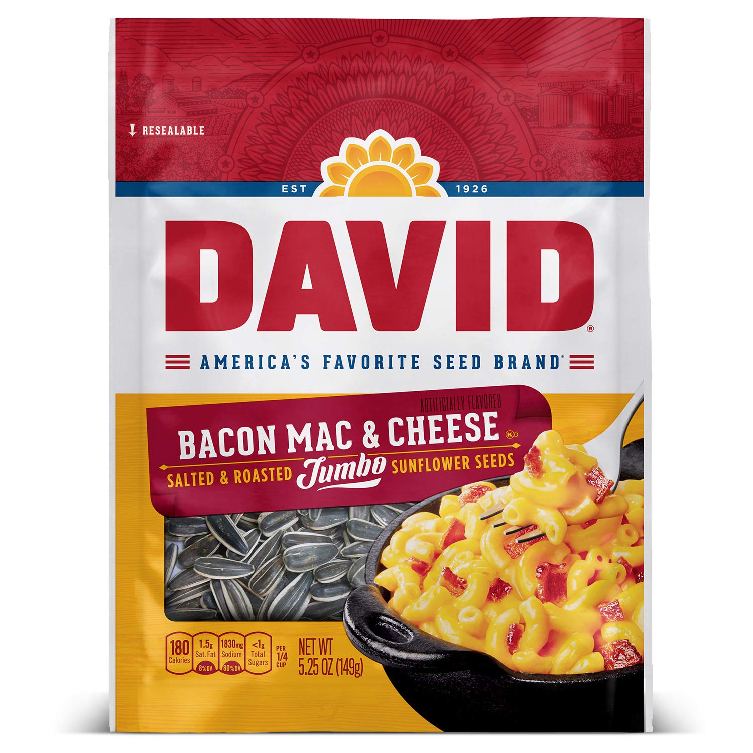 David Seeds Bacon Mac And Cheese Flavored Salted And Roasted Jumbo Sunflower Seeds, Keto Friendly Snack, 5.25 Oz Bags, 12 Pack