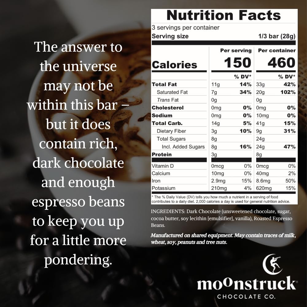 Moonstruck Chocolate Dark Chocolate Espresso Bean Bar, 68% Cacao, 3.0Oz (Pack Of 4)