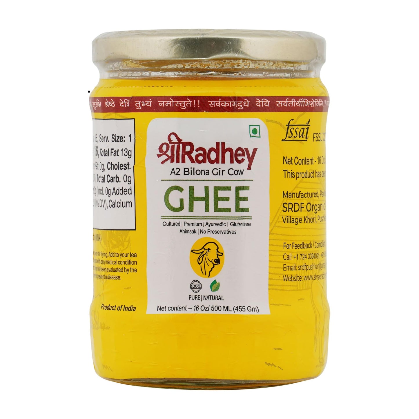 SHREERADHEY A2 Bilona Gir Cow Ghee, 500 ML, Pure, Natural, Lactose & Gluten Free, Keto Friendly, Glass Bottle