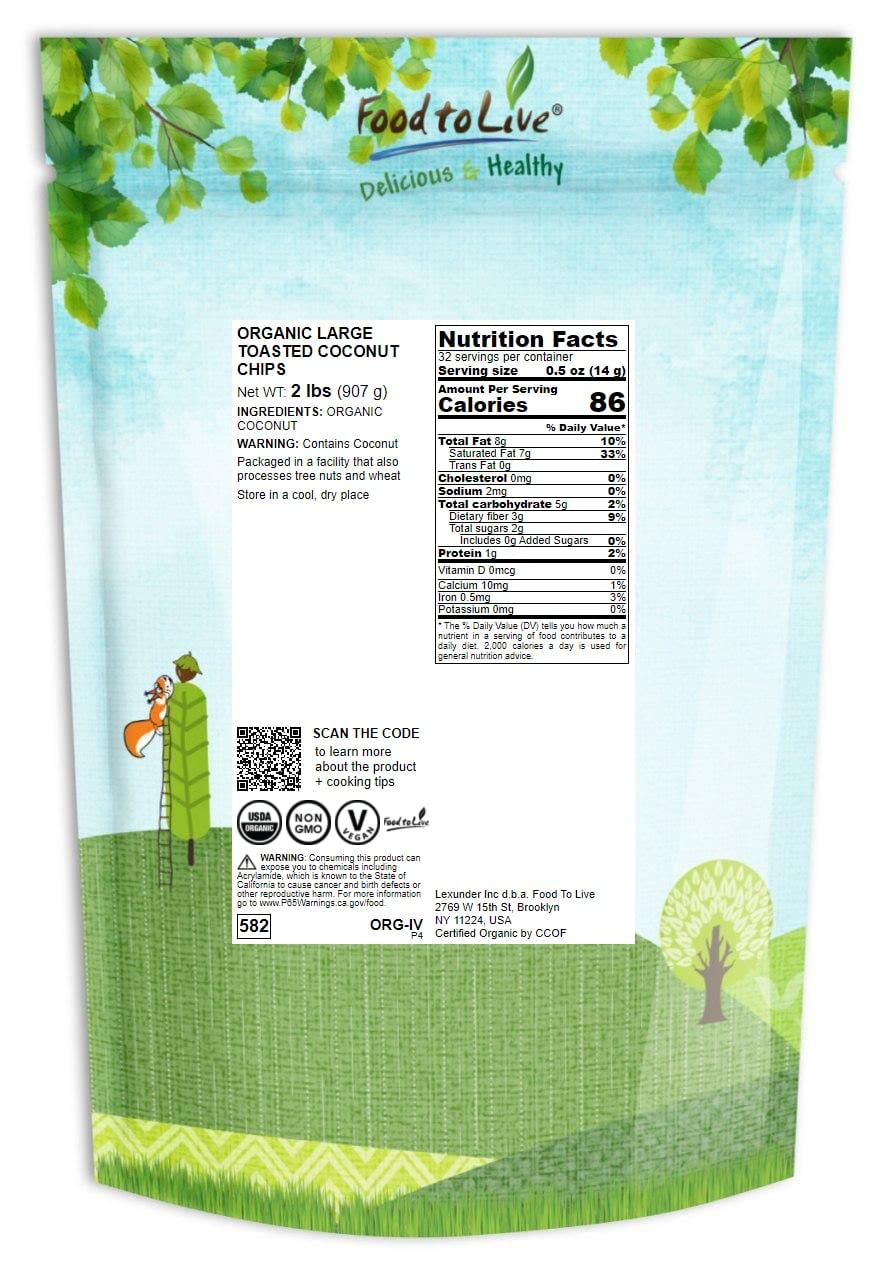 Food to Live Organic Toasted Coconut Chips, 2 Pounds - Non-GMO, Desiccated Coconut Flakes, Unsweetened, Unsulfured, Vegan, Bulk.