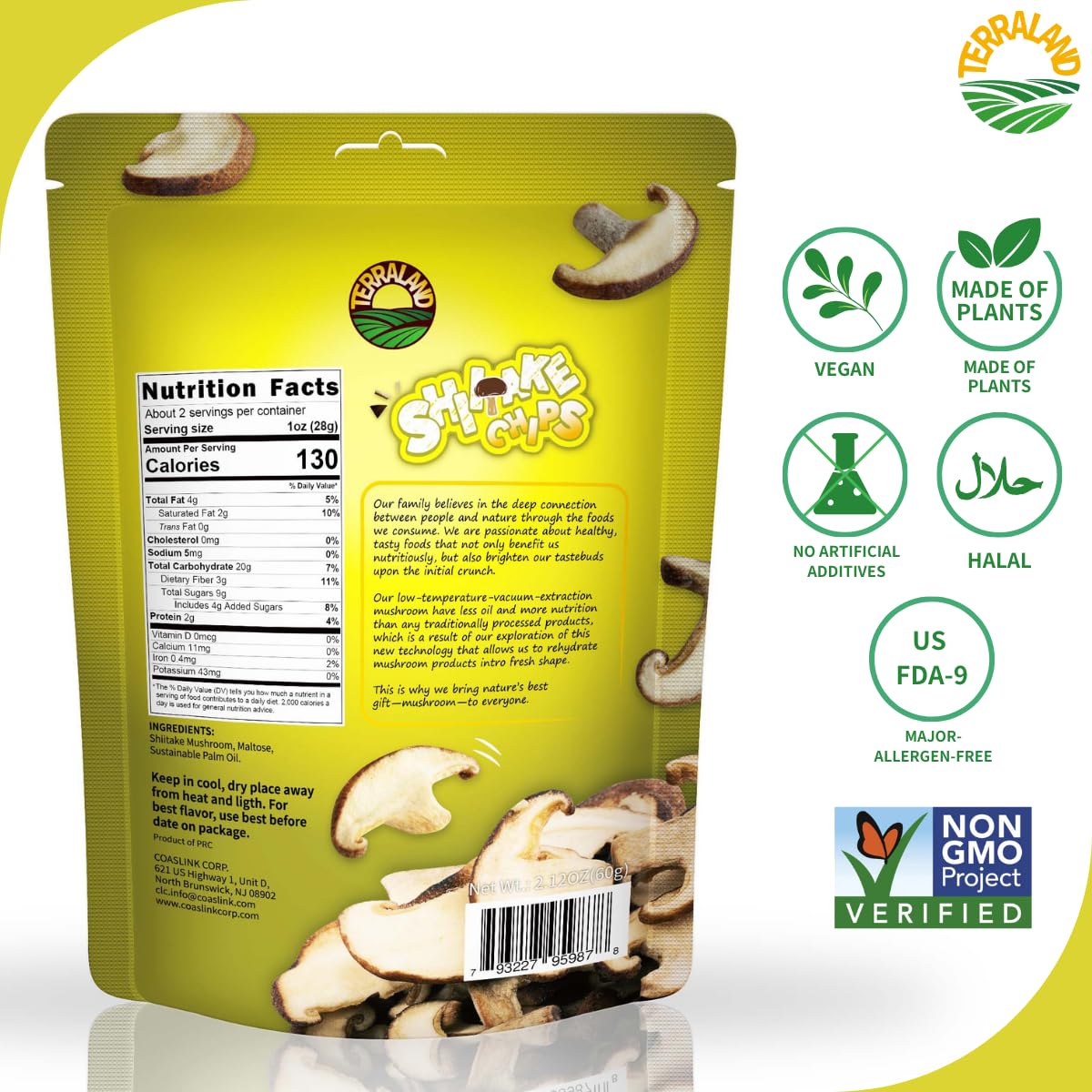 Terraland Shiitake Chips - Original, Crispy & Crunch Mushroom Ready To Eat Snack, Non Gmo, Rich Umami Flavor, Topping For Salads