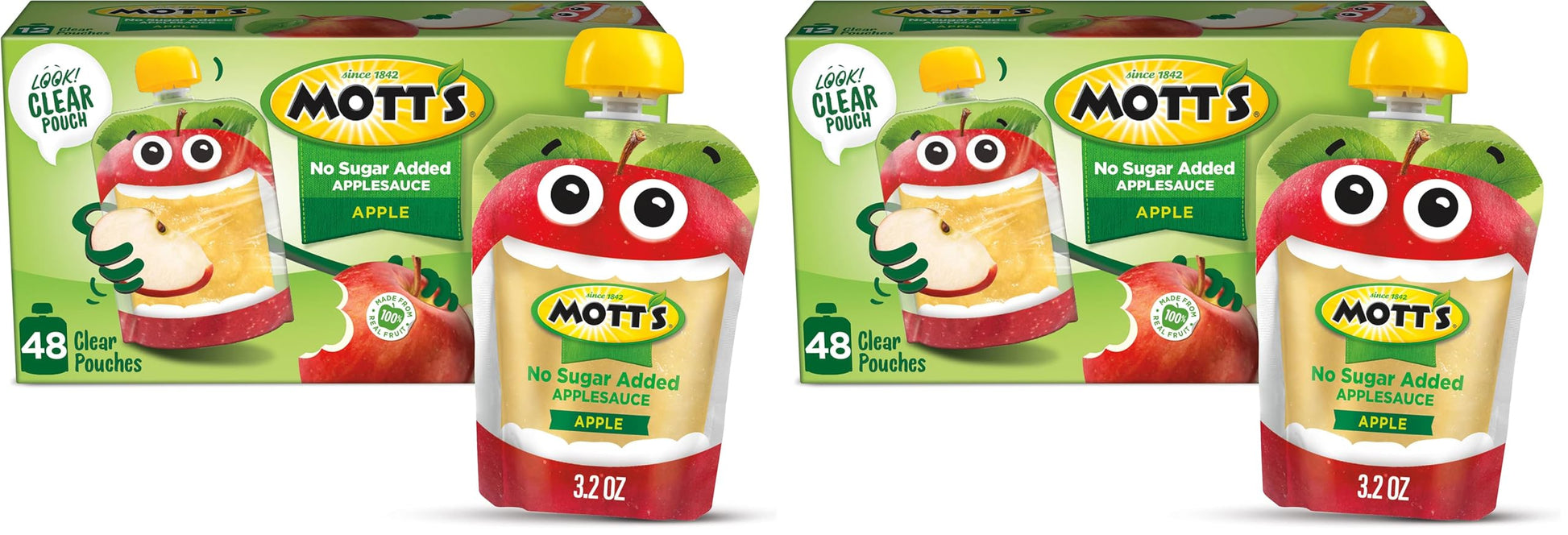 Mott s No Sugar Added Applesauce, 3.2 oz clear pouches, 12 Count (Pack of 8)