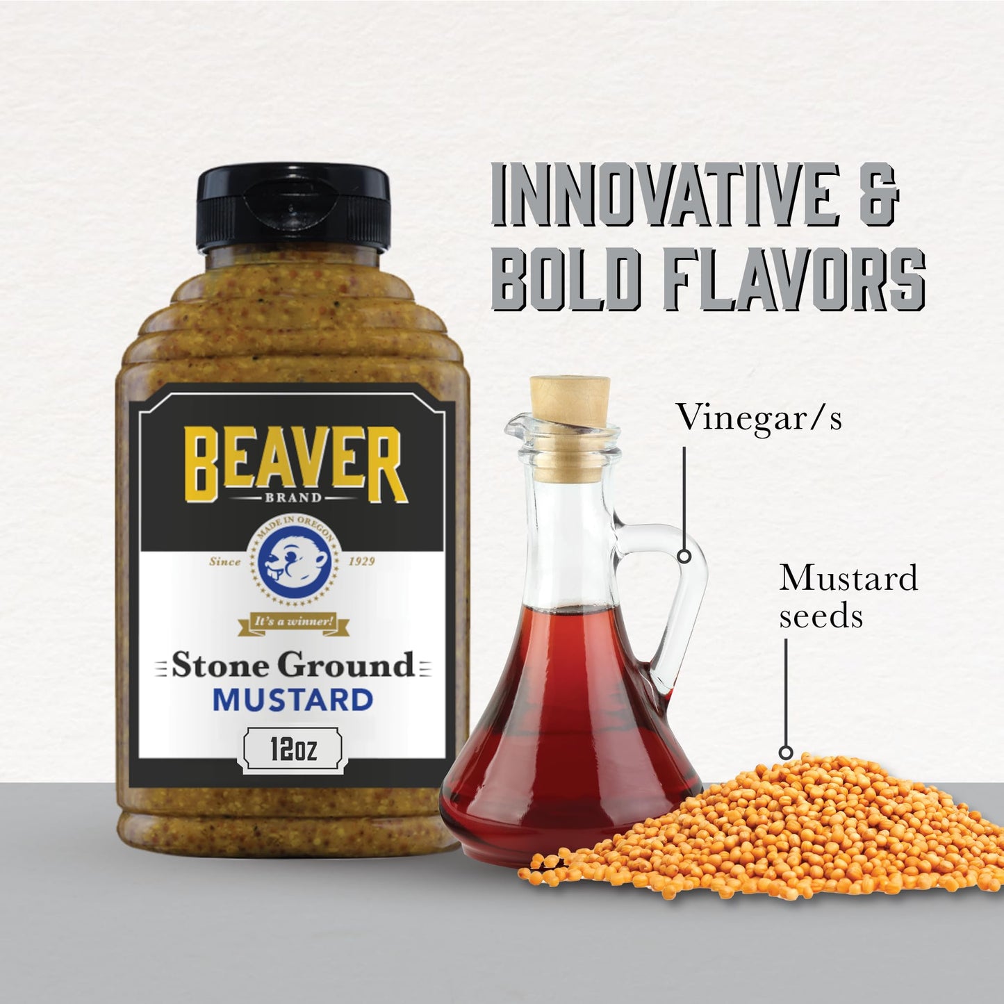 BEAVER Stone Ground Mustard, 12 oz Squeeze Bottle - Perfect for Sandwiches and Dressings