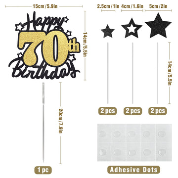 Happy 70Th Birthday Cake Topper, Black And Gold Glitter Cake Toppers, 70 Year Birthday Party Cake Decoration