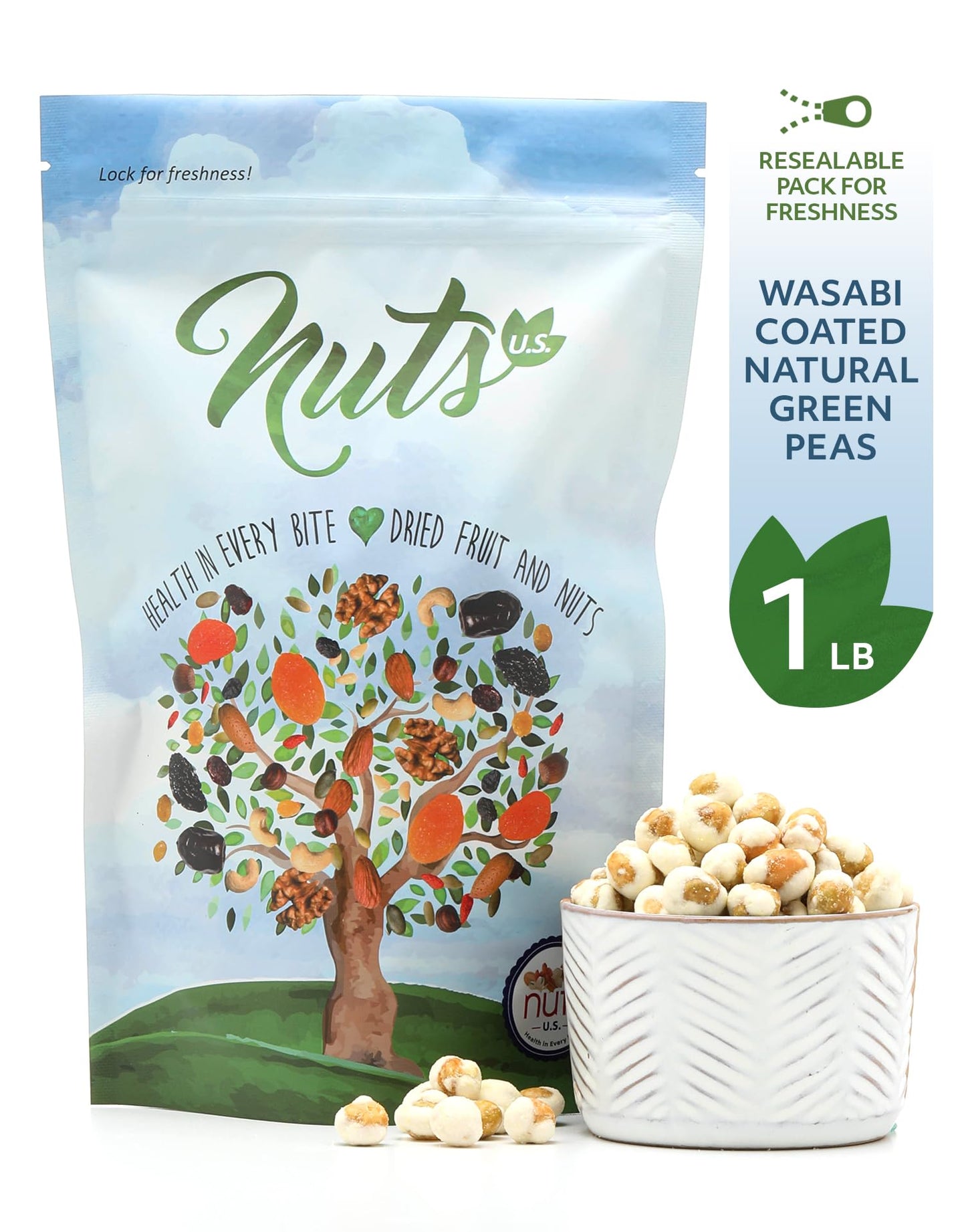 NUTS U.S. Wasabi Coated Natural Green Peas, 100% Natural, Crunchy & Spicy, 1 LB, Resealable Bag