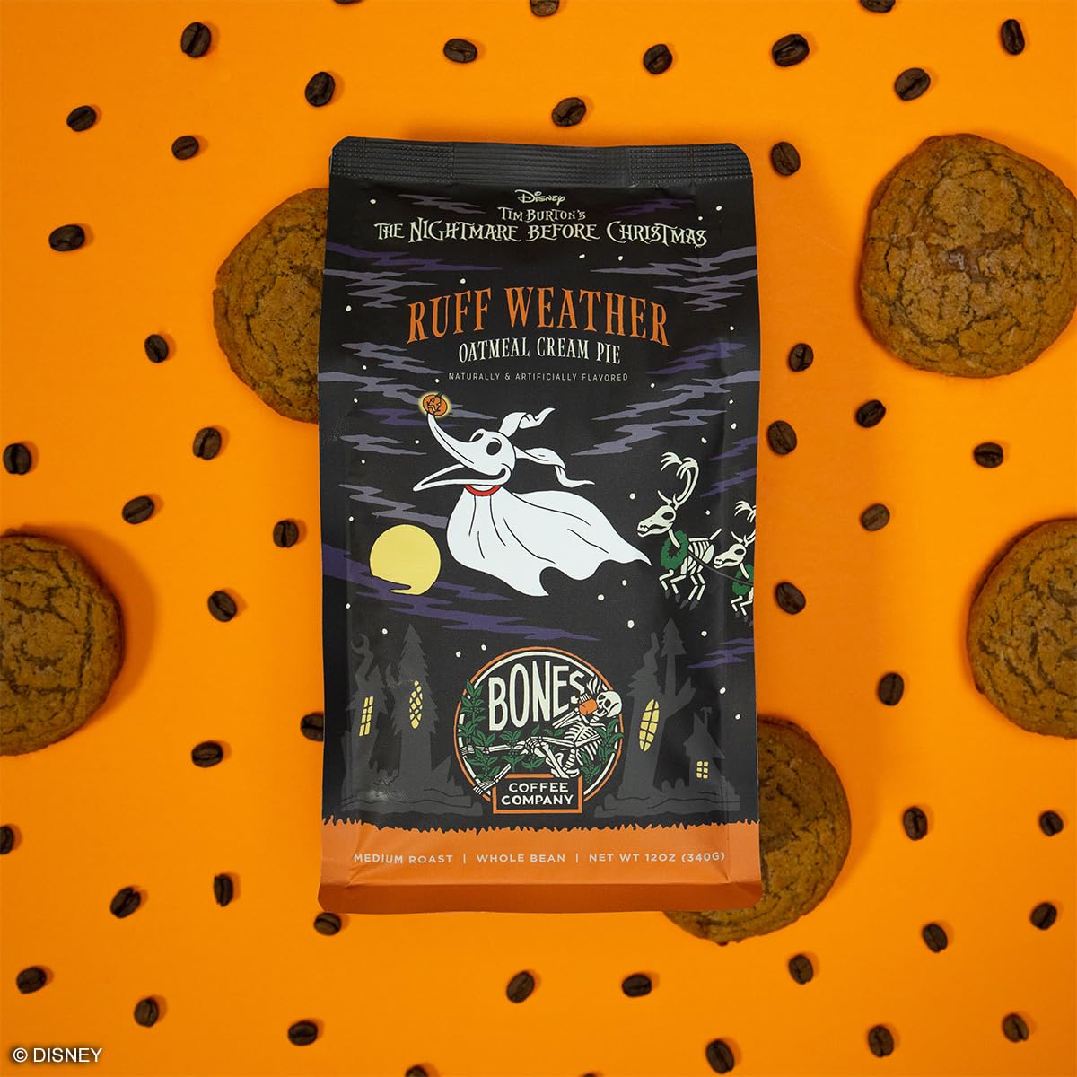 Bones Coffee Company Ruff Weather Flavored Ground Coffee Beans Oatmeal Creampie Flavor, Made With Arabica Coffee Beans, Medium Roast Coffee Inspired By The Nightmare Before Christmas (12 Oz)