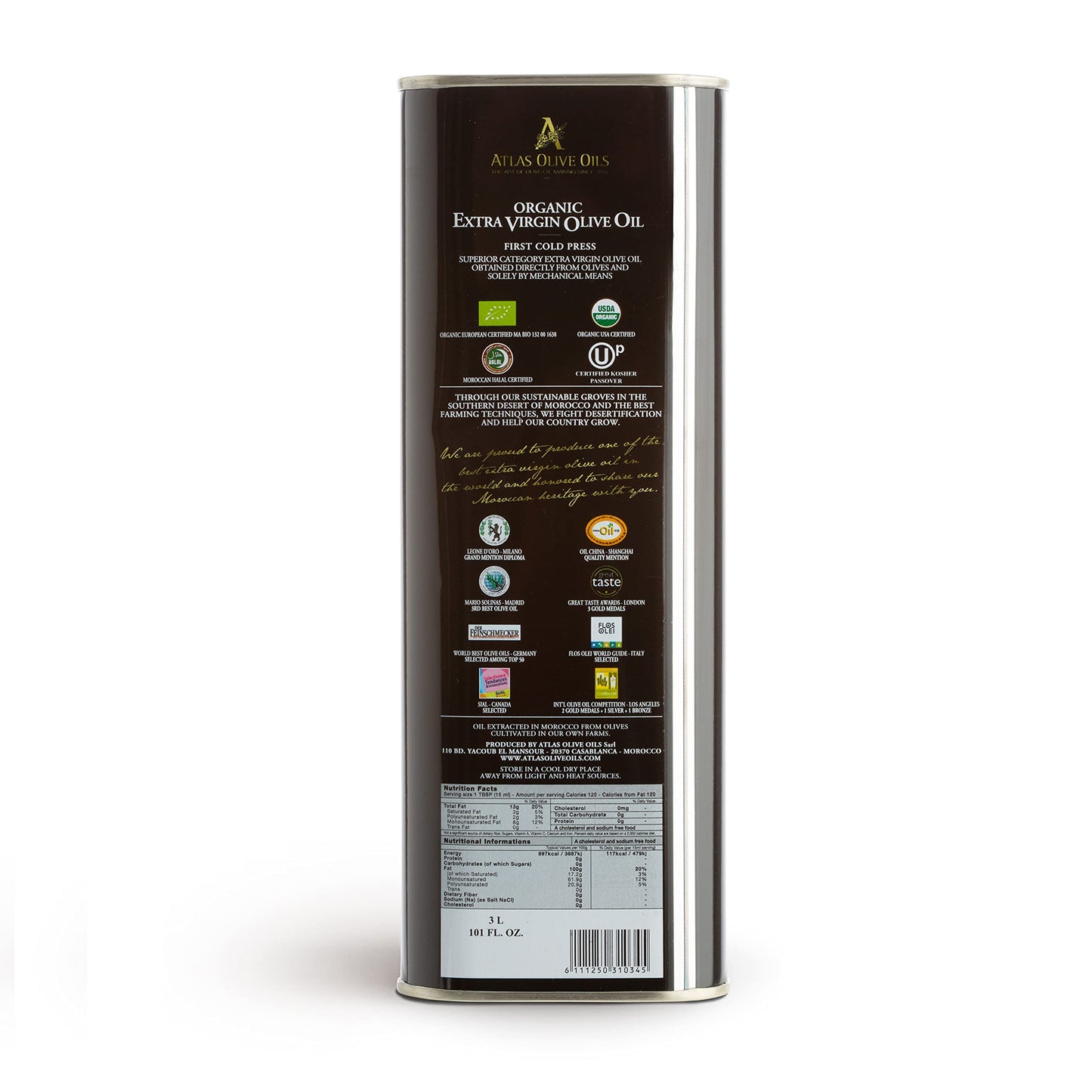 Atlas 3 Lt Organic Cold Press Extra Virgin Olive Oil With Polyphenol Rich From Morocco|Newly Harvested Unprocessed From One Sing