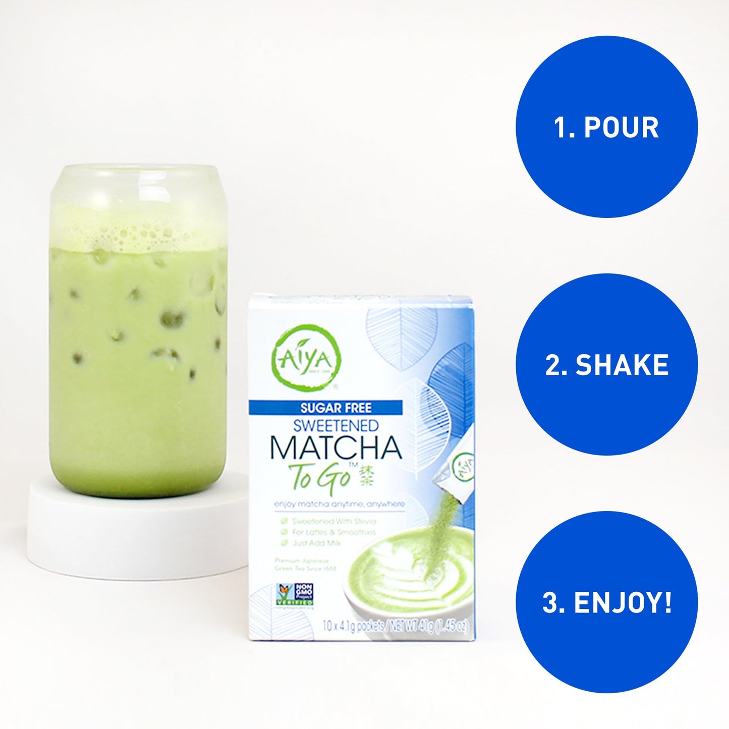 Aiya Sugar-Free Sweetened Matcha To Go Sticks - Stevia Sweetened Packets, Premium Japanese Matcha Powder, Gluten-Free - 10 Singl
